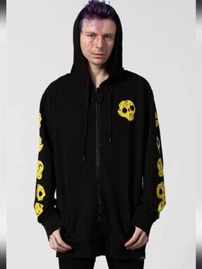 Black Hoodie Zip Sweater with Yellow Skull Motif -UNISEX